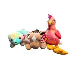Ty Beanie Babies farm animals plush horse, rooster & tie-dye bear